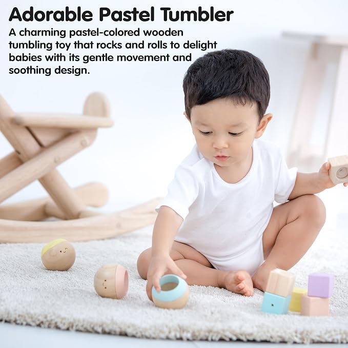 PlanToys® Pastel Wooden Tumbling Montessori Toy for Babies 6 Months+ Set | pastel wooden tumbling set, montessori sensory play, fine motor skill development, developmental baby toy, babies 6 months+ g