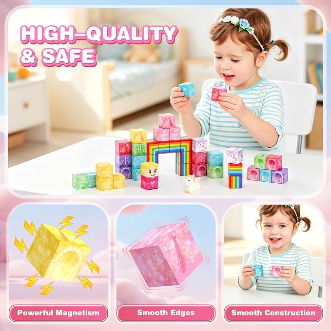 Mini Magnetic Blocks Travel Set with Magnetic Case-52 PCS Magnet Building Cubes Unicorn Toys for Kids 3-5, Toddler Travel Toys Airplane Essentials, STEM Montessori Toys Christmas Stocking Stuffers