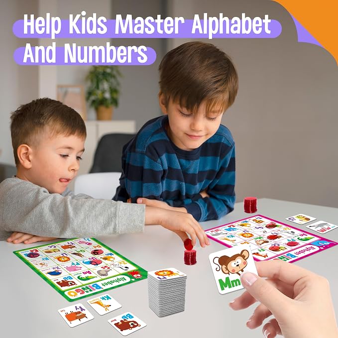 SpriteGru Alphabet Bingo Game, Uppercase/Lowercase/Number Bingo Game ABC and 123 Bingo Board Game for Kindergarten and Preschool Kids 4+, Perfect for Classroom & At Home