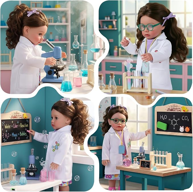 BABESIDE 16 Inch American Scientist Girl Doll with Microscope, Lab Play Set | Reborn Baby Dolls Girl, Chemistry Lab Accessories, Complete Pretend Play Scientist Toy, Birthday Gift for Kids Age 3+