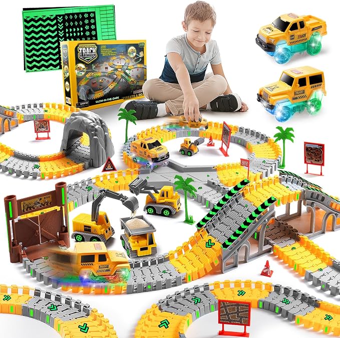 264 PCS Construction Race Tracks for Kids Toys, Flexible DIY Track Set | Glow in The Dark Magic Toy Set, 2 Light Up Cars Track, 3 Construction Cars, Birthday Gift for Age 3-9 Boys Toddler Girls