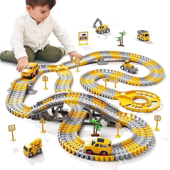 iHaHa Toddlers Construction Race Tracks Toys Gifts for 3 4 5 6 Years Old Boys Kids, 2PCS Electric Race Cars & 4 PCS Construction Trucks, Birthday Gift Toys for Boys 2 3 4 5 6+