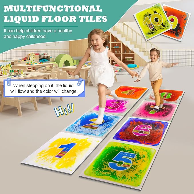 Onyoloy Toddler Sensory Liquid Floor Mats - 10-Pack with Dynamic Liquid Motion, Non-Slip Tiles for Motor Skills, Autism/ADHD Sensory Toys Classroom, Playroom, Outdoor (3+ Years)