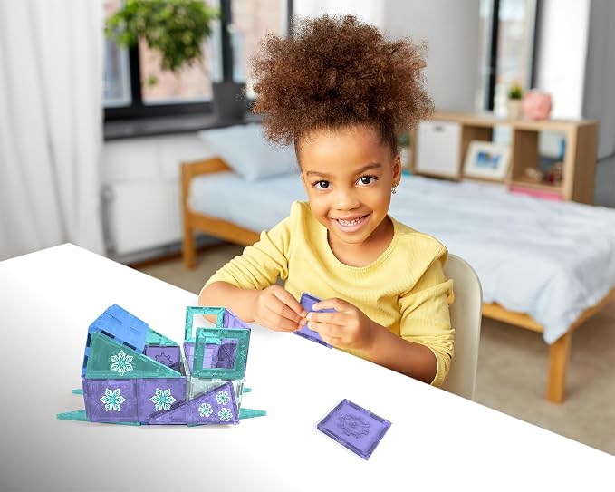 Tytan Toys Disney Frozen Magnetic Tiles Princess Castle - 68-Piece STEAM Building Set with Glitter Tiles & Elsa, Anna, Olaf Stickers - Educational Frozen Toys for Girls Age 3-4+