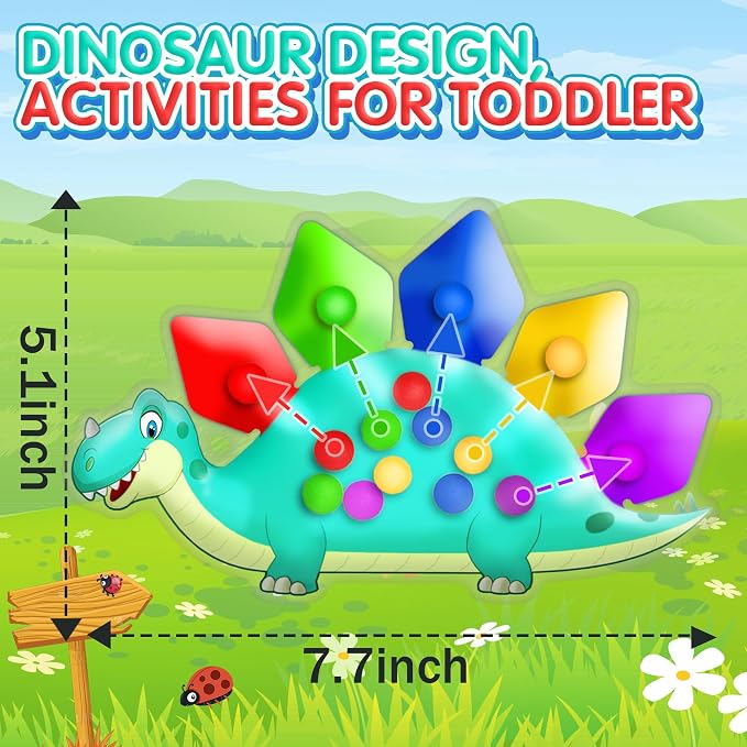 Dinosaur Color Sorting Sensory Toy Travel Toys for Toddler 1-3 Airplane Squishy Squeeze Toy Roadtrip Essenstial for Toddlers Boys Gift Fine Motor Autism Calm Fidget Montessori Preschool Activities Kid
