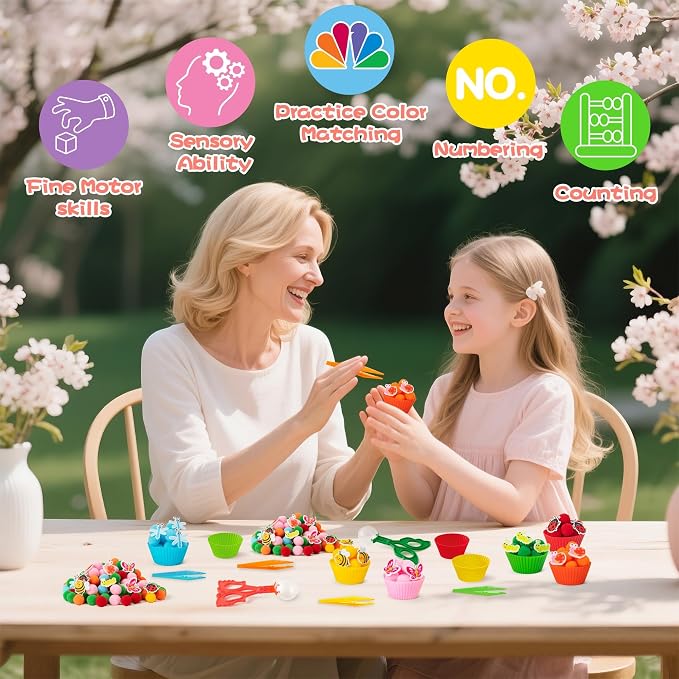 EZdhuawuse Summer Insects Sensory Bin Fillers - 321P Summer Bee Fine Motor Toys Counting Sorting for Easter Gift, Counting Toy with Felt Butterfly Pom Pom Cup Clip for Preschool Education Activities