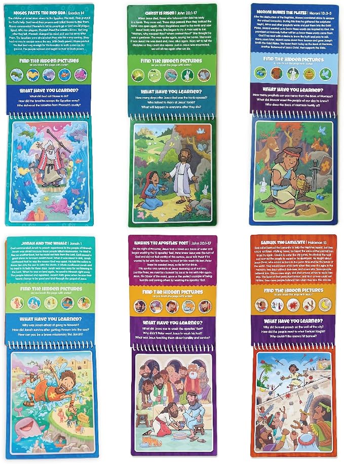 KangaToys 6 Pack of Aqua Brush, Water Reveal, Coloring Scripture Activity Book for Kids. (6 Pack Bible & Book of Mormon Set)