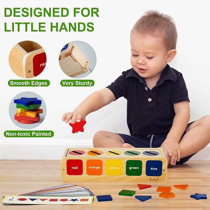 Lynncare Wooden Montessori Color & Shape Sorting Matching Toy | Coming with 25 blocks,1 box and 20 challenge cards,Montessori Toys for 1 2 Year Old,learning toys for toddlers 1-3