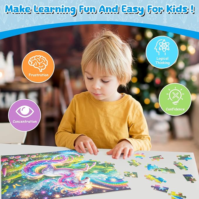 100 Piece Puzzles for Kids Girls Boys Ages 4-10, Rainbow Unicorn Puzzles | Learning Educational Jigsaw Puzzles Toys with Full-size Poster, Holiday/ Birthday/Party/School Gifts for Children