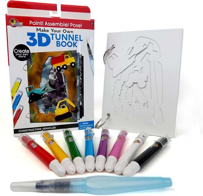 EyeConnect Crafts Diggers Mini 3D Tunnel Book – Hands-on Paper Craft Kit | Build, color & create a pop-in book! Mini animals, watercolor pastels & water brush included. Portable, screen-free fun! 3+