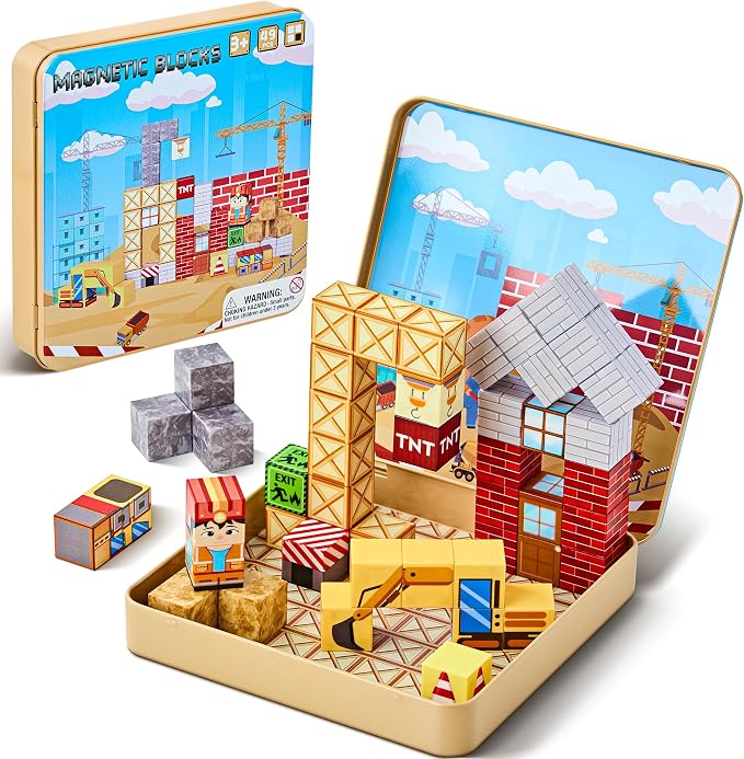 49PCS Magnetic Blocks with Iron Storage Box, Magnetic Cubes Tiles | STEM Educational Stacking Magnets Travel Toys for Kid Ages 3 4 5 6 7 8 9 10 11 Birthday Party Supplies Gifts for Boys Girls