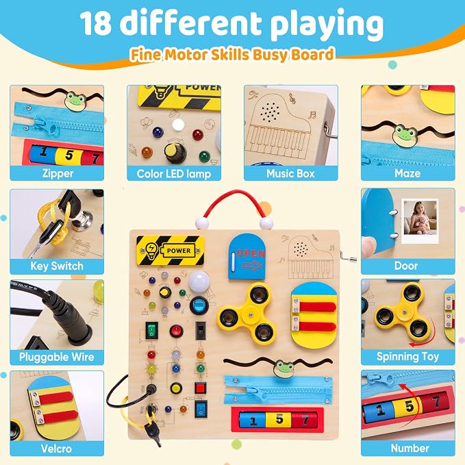 Wooden Busy Board Montessori Toy for Toddlers,Educational Learning Toy for 1 2 3 Year Boys & Girls,Sensory Activity Board with LED Light & Music Boxes, Travel Toys for Kids Birthday Gift