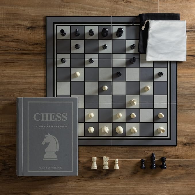 WS Game Company Chess Vintage Bookshelf Edition Board Game with Wood Pieces | Classic 2-Player Strategy Game, Linen-Wrapped Book Box, Integrated Storage, Full-Size Folding Board, Adults and Kids 9 and Up