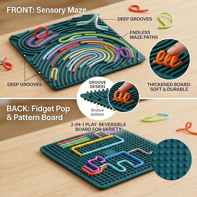 Large Sensory Activity Board, Silicone Fidget Toy for Autism, ADHD & Stress Relief, Double-Sided Quiet Montessori Fine Motor Skills Toy Gift for 3+ Kids, Adults with 36 Strips Portable Bag (Green)