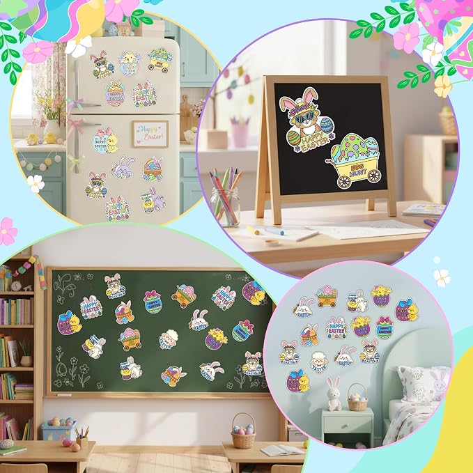 Easter Cartoon Coloring Arts Crafts Kit - 30Pcs Cartoon Color Your Own Magnets for Kids Egg Bunny Sheep Chicken Blank DIY Coloring Magnet for Easter Birthday Party Spring Holiday Favor Basket Supplies