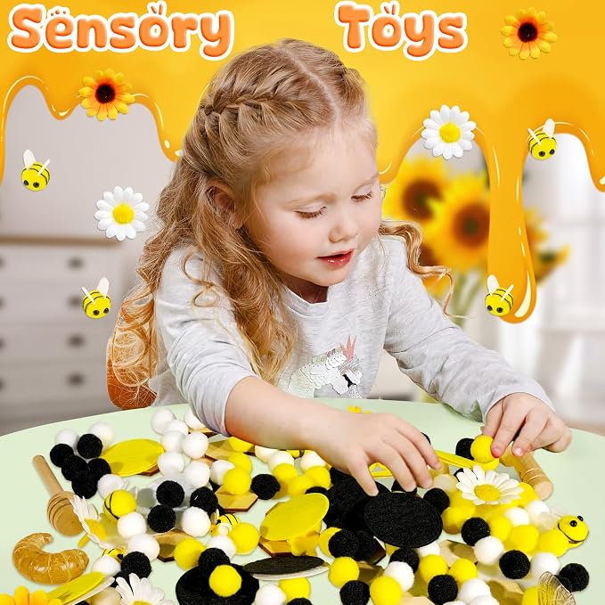 Hiawbon Bee Sensory Bin Fillers Bee Sensory Bin for 3+ Year Old | Bee Hive Montessori Toys for Toddlers, Counting Sorting Toys for Kids Honeycomb Fine Motor Toys for Early Learning