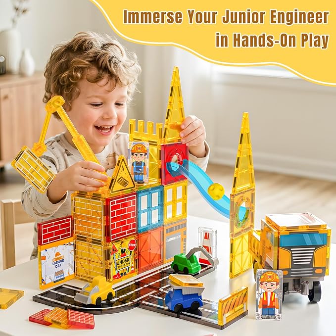 Magnetic Tiles for Kids Ages 4-8 Construction Toys with Crane Marble Run | 2 in 1 Truck Firetruck, Road, STEM Magnetic Blocks, Building Toys, Boys Birthday Gifts, Montessori, Open-ended Play