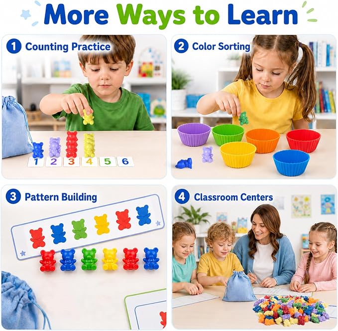 XINHUIDALSQ Rainbow Counting Bears Set of 60, 6 Colors Sorting Teddy Plastic Bears Math Manipulatives for Toddlers, 1 Inch Bear Conters Ages 3+ Kids