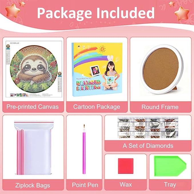 Gemozaic Sloth Diamond Art Kits for Kids Ages 6-8-12, Round Frame, 8 x 8 in | Cute Sloth Diamond Art for Kids 10 12 Year Old, DIY Easy Kid Big Gem Painting, Animal Arts and Crafts for Girl Birthday Gift
