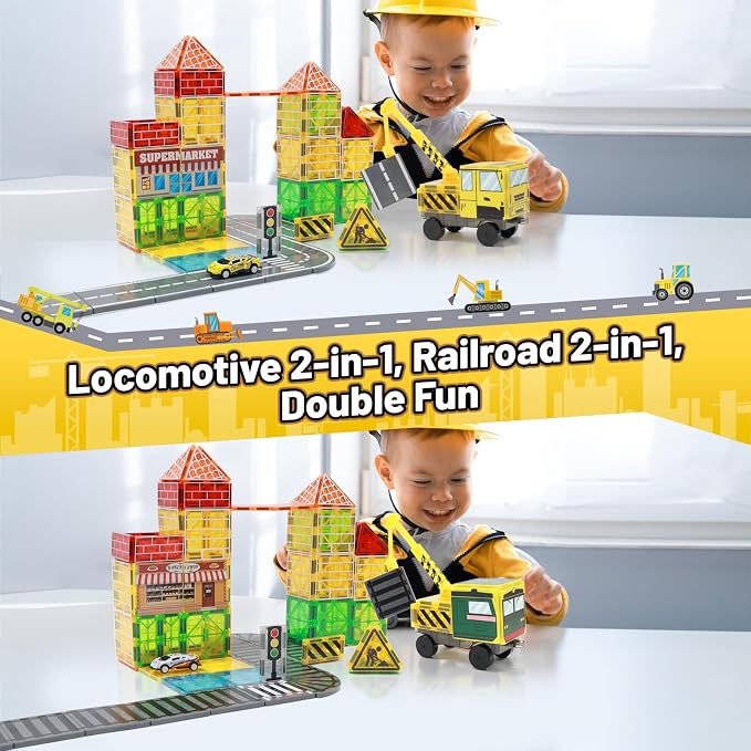LionFuny 70Pcs Magnetic Tiles Magnetic Building Blocks, Building Toys for Kids Ages 3-5 4-8 8-12 Toddlers STEM Preschool Toy Boys Toys, City Construction Toys Set with 2 Cranes Train Tracks Road Car