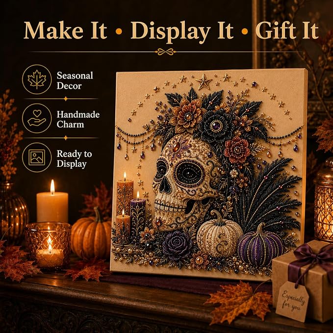 Halloween Pearl Art Kit for Adults, DIY Fall Craft (Skull) | Create textured Halloween decor through a screen-free, beginner-friendly craft activity.
