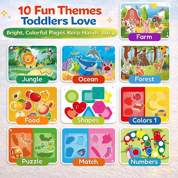 Jelly Sticker Books for Toddlers 3-5 - 61 Reusable Stickers Busy Book | 10 Preschool Topics - Waterproof Washable Toddler Activity Book - Learning Toys for Shapes, Colors, Matching, Animals