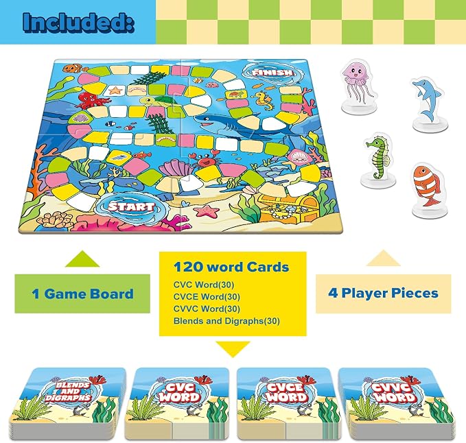 Broytain Word Ocean Phonics Board Game for Kids, Educational Learning Board Game for Boys and Girls, Reading and Spelling Game Ages 4-6, Classroom Travel Indoor Outdoor Family Game