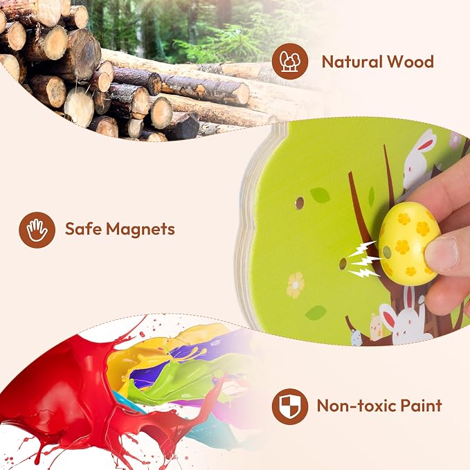 Easter Toys for Toddlers, Magnetic Easter Eggs, Picking Easter Bunny Toy, Montessori Toys for 3 4 5 6 Year Old, Wooden Sensory Color Sorting Toys, Spring Easter Basket Stuffers Gifts for Kids