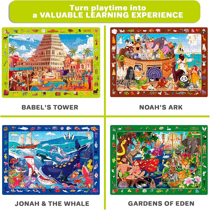 60 Piece Puzzles for Kids Ages 6-8 - 4 Jigsaw Bible Kids Puzzles Ages 4-6 | Christian Religious Puzzles for Kids Ages 8-10 - Noah's Ark Toy - Tower of Babel - Garden of Eden - Educational Children Gift