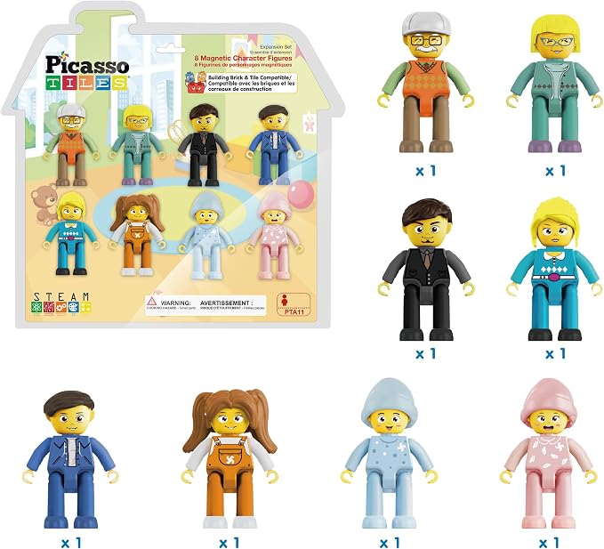 PicassoTiles 8 Piece Magnetic Action Figures Family Character Set Compatible with Magnet Tile Building Blocks STEM Educational Toy for Kids Pretend Play Construction Expansion Pack Creative Play PTA11