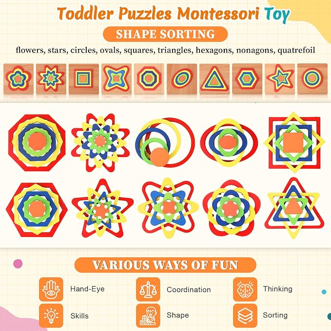 10 Pack Montessori Toys, Toddler Toys Puzzles Wooden Shape Sorting Puzzle Sensory Toy Preschool Learning Educational Autistic Developmental for Girls Boys Birthday Gifts
