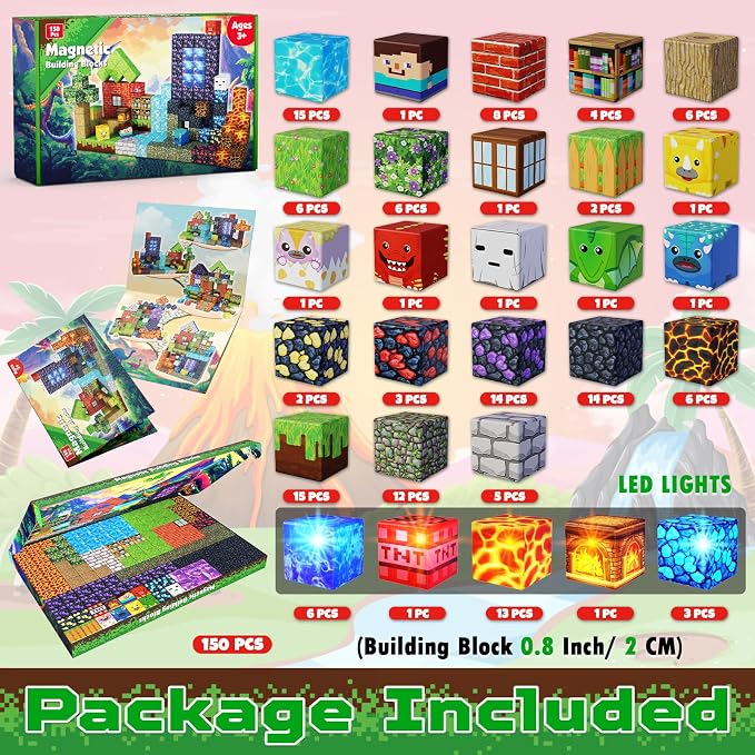 Magnetic Blocks - 150 PCS Dinosaur Volcano Forest Castle Set with Light Up Blocks - Kids Classroom Sensory Toy for Toddlers STEM, Construction Stacking Toy Kids 3+ Boys Easter Basket Stuffers