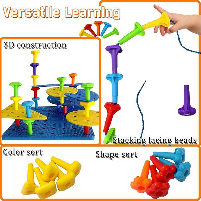 Counting Peg Board for Kids - Toddler Stacking Toys - 65 Pcs DIY Building Set Large Foam Board & Occupational Therapy Toys, Color Sorting & Lacing Toy , Montessori Tools, Peg Puzzles for Toddlers 3
