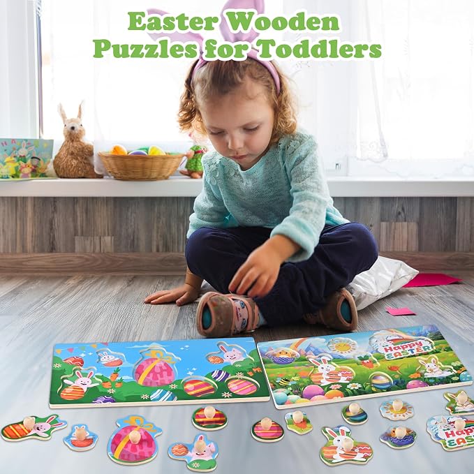 Easter Basket Stuffers-2 Pack Easter Puzzles | Wooden Peg Puzzles for Toddlers 1-3, Montessori Learning Toys, Easter Basket Fillers Gifts Party Favors for Kids Boys Girls