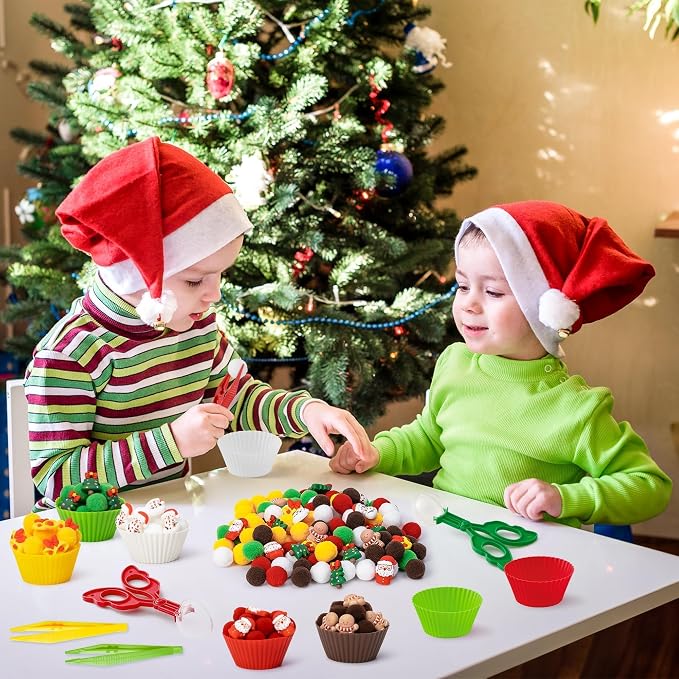 Christmas Sensory Bin Fillers, 266Pcs Fine Motor Toy Set | Counting Sorting Toys, Preschool Education Activities, Christmas Gift for Kids, Plastic Bead with Santa Claus Cup Clip