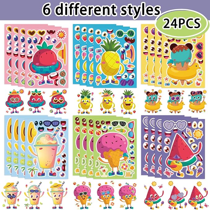24 Sheets Make a Face Summer Stickers for Kids Party Favors | Make Your Own Summer Stickers Birthday Decorations Supplies, Toddlers Crafts Activities Gifts Goodie Bags Stuffers