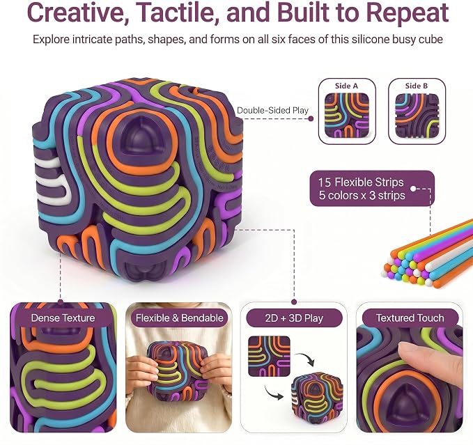 Sensory Activity Board Cube Fidget Toys for Kids & Adults - Zero Noise Silicone Quiet Toddler Travel Toys for Car Rides & Airplane - Autism ADHD Calming Toy Gift Stuffers with 15 Strings