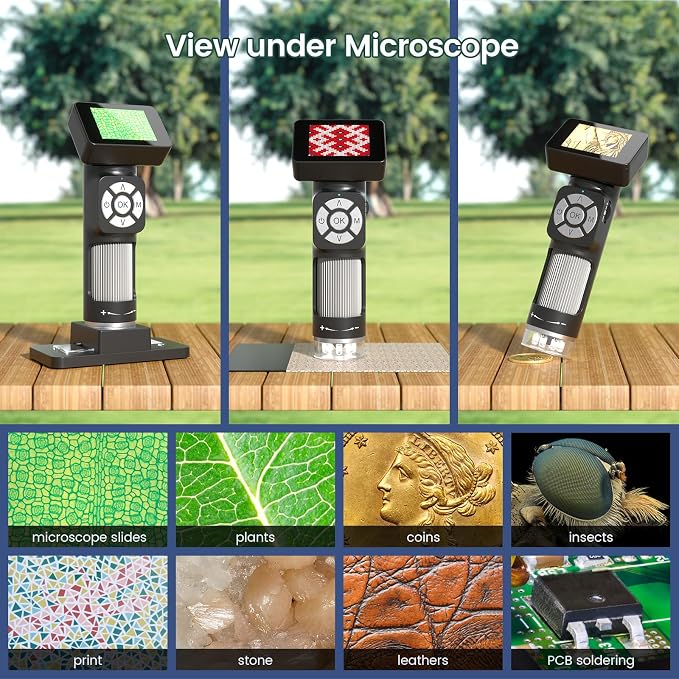 LM112 Microscope for Kids Adults Handheld with 2" Screen, 500X Portable Microscope Kit with Case, USB Magnifier with 8 LED Light, 5pcs Biological Slides, 32G