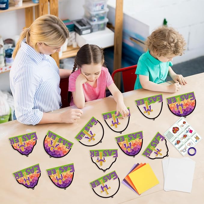 Qyeahkj 36 Set Religious Easter Cross Suncatchers Crafts for Kids DIY Christian Resurrection Window Tissue Paper Craft Kit Hanging Decor for Sunday School Activity Art Project Birthday Party Favor