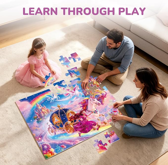 BenBen Floor Puzzles for Kids Ages 4-6, 2 x 3 Feet Unicorn Princess Puzzle | 48 Pieces Extra-Thick Large Piece Jumbo Jigsaw Puzzle for Toddlers, Preschool Educational Toy with Storage Box for Girls Boy