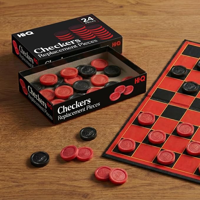 Checkers Replacement Pieces – Set of 24 Interlocking Red & Black Game Pieces – Durable Plastic Stackable Checkers for Replacement or DIY Boards – Includes 12 Red & 12 Black