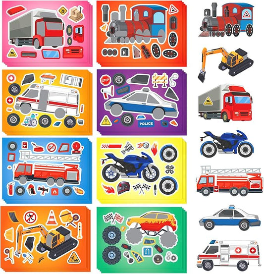 Aowplc 32 Make Your Own Vehicle Sticker Sheets for Kids | Transportation Stickers for Party Favors & Craft Activities
