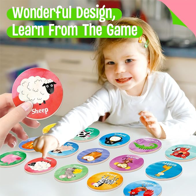 SpriteGru Wooden Memory Matching Game, 32 PCS Matching Animal Wood Chips Educational Matching Game for Toddlers Preschool 4 5 6 Years Old
