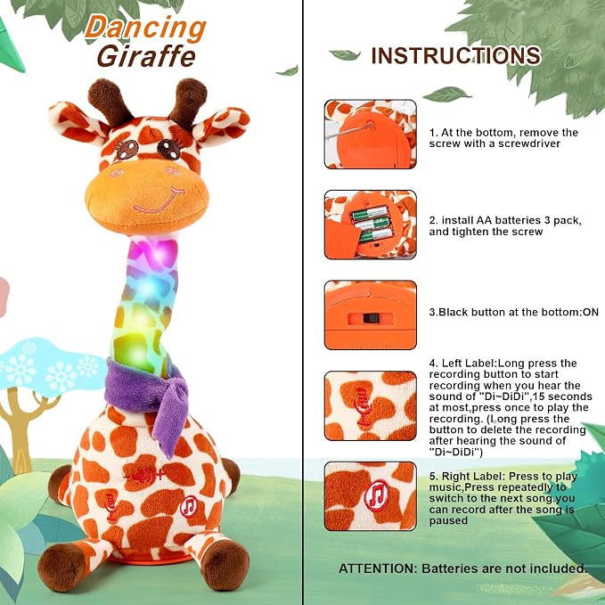 Dancing Talking Giraffe Toy for Baby Toddler, Dancing Giraffe Toy Singing Mimicking Recording Repeating What You Say with LED English Sing for Boys Girls Gift, 15 Second Recorde(Adjustable Volume) | Mimicking Repeating What You Say, LED Flashing Plush ...