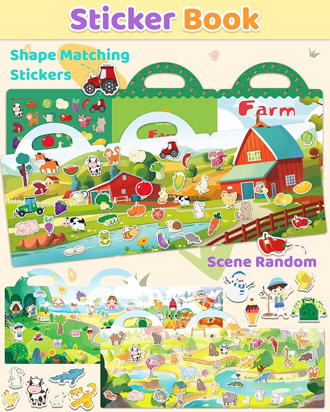 Benresive Reusable Sticker Book for Toddlers, Stickers for Kids, Travel Toy | Toddler Toys, Boys Girls Birthday Gifts, Airplane & Road Trip Essentials Kids, No Mess Waterproof Toddler Crafts Activities