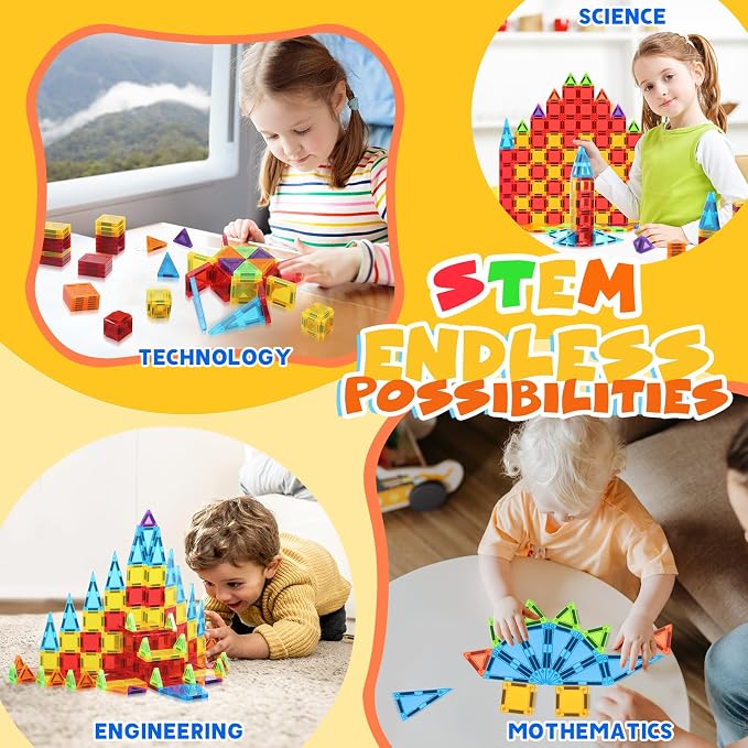 Mini Magnetic Tiles 32pcs, STEM Travel Building Blocks Set for Toddlers 3-10, Portable Construction Toys for Boys & Girls
