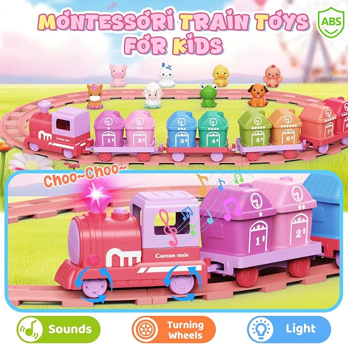 Electric Train Set for Toddlers 2-4 with Farm Animals, Music & Lights, Pink | Montessori Counting & Sorting Train Toy, 37 Pieces with 8 Farm Animal Finger Puppets and Numbered Barns for Toddler Girls
