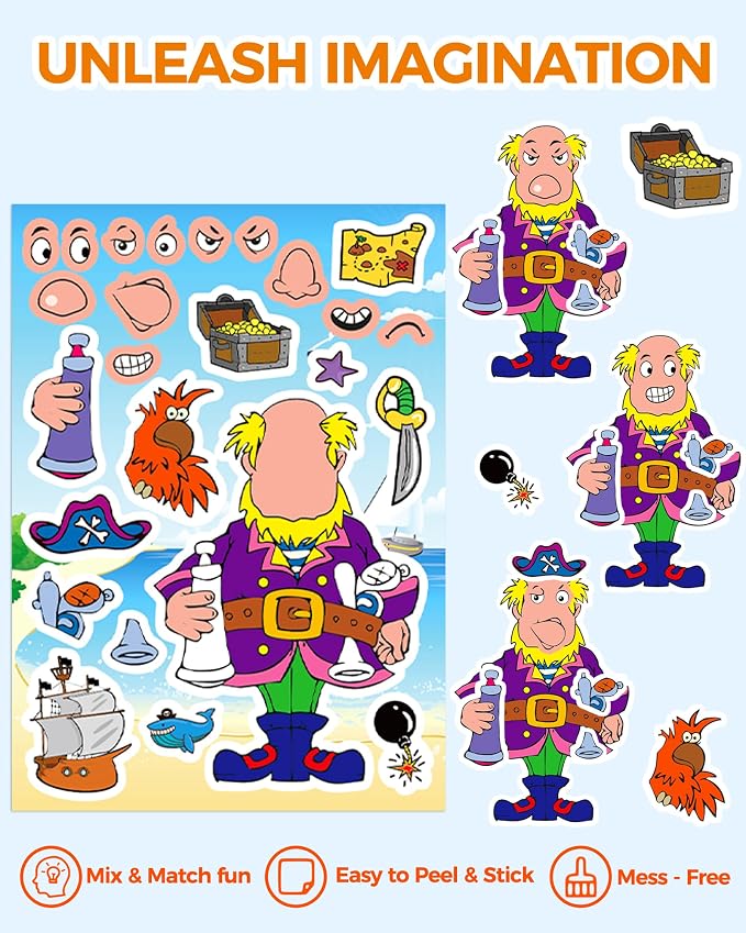 Aowplc 32 Make Your Own Pirate Sticker Sheets for Kids | Pirate Party Favors, Birthday Decorations & Mix 'n Match Crafts