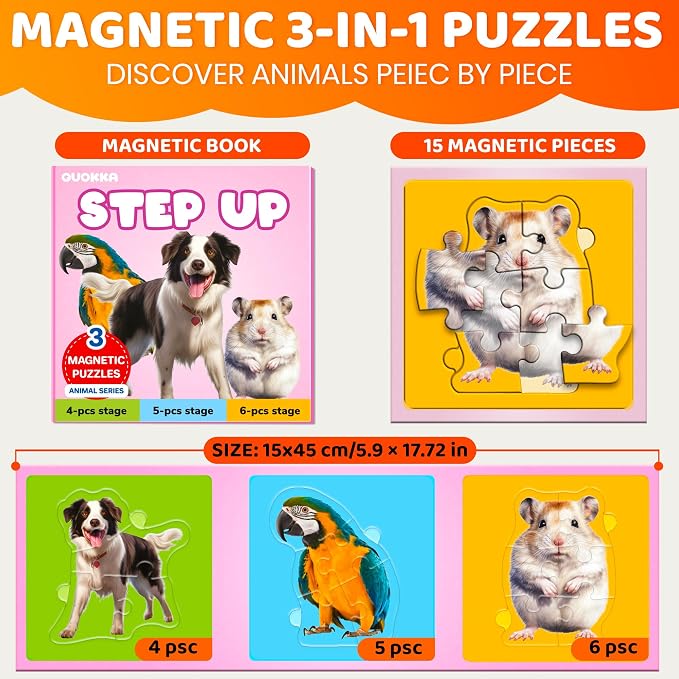 QUOKKA Step Up Magnetic Puzzles for Toddlers 1-3, Animals Puzzle Set in One Book, Travel Games for Kids 3-5, Screen Free Toy for Toddlers and Preschoolers