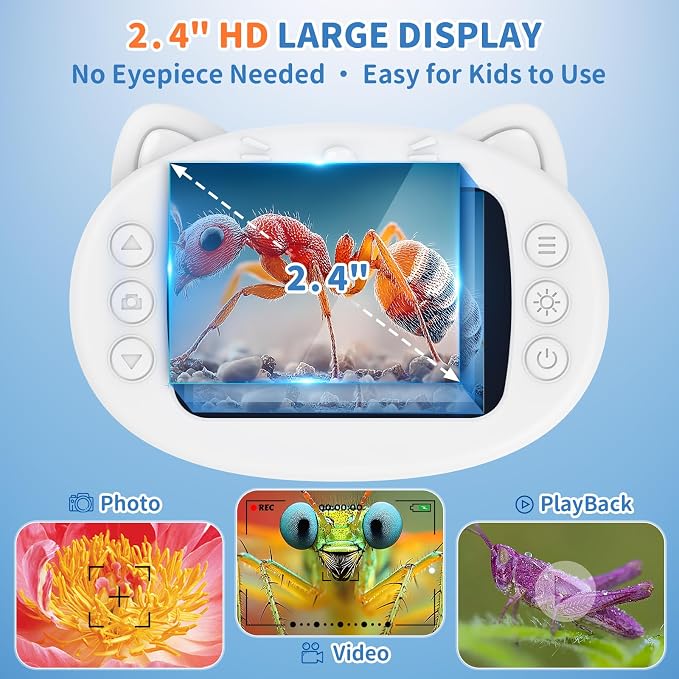 Kids Handheld Digital Microscope 1000X: Science Gift Kit STEM Toy Ages 5-13 | 8GB SD Card for Photo/video, Rechargeable, 2.4" Screen, 8 LEDs, Portable Magnifying Glass Pocket Miniscope for Girls Boys